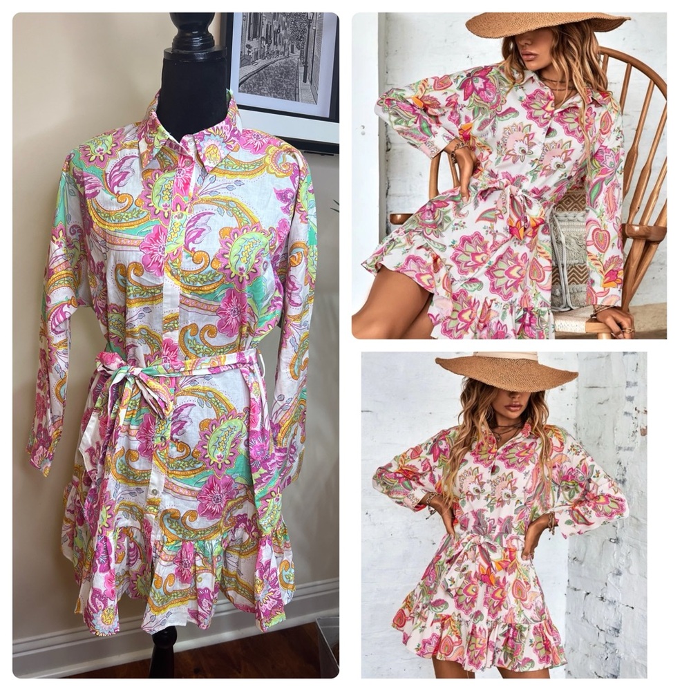 Zara Floral Paisley Button Up Belted Cotton Long Sleeve Dress Large